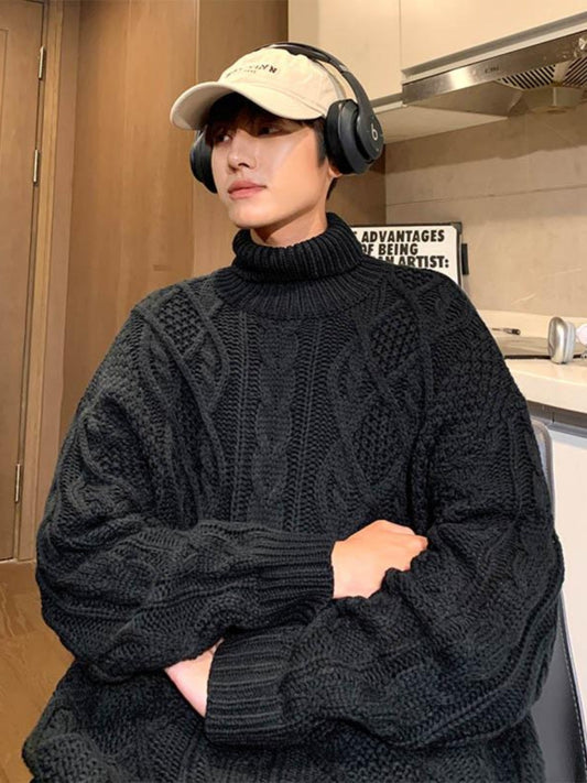 Retro Green Jacquard Turtleneck Sweater