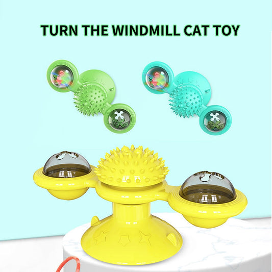 Cat Rotating Windmill Toy with Suction Base β Interactive Catnip Scratcher, Teeth Cleaning & IQ Training Toy
