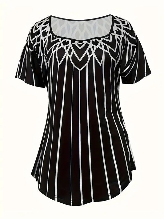 Printed Striped Short-sleeve Square Top