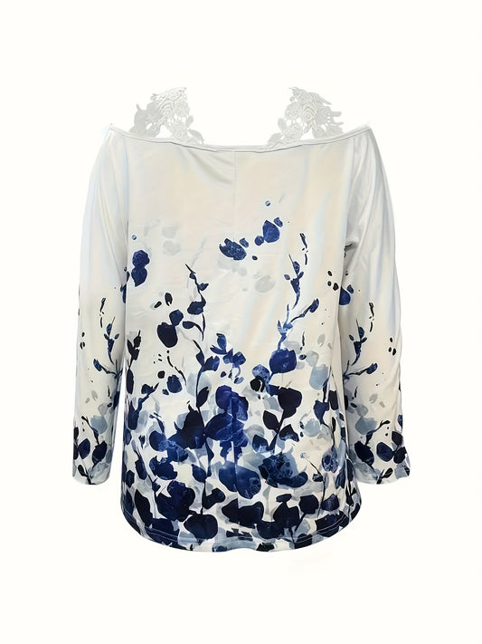 Plant Print Lace Trim Off-shoulder Top
