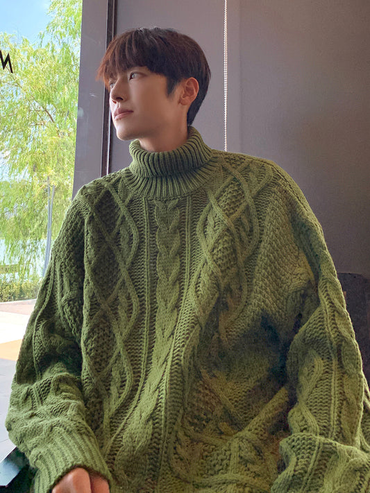 Retro Green Jacquard Turtleneck Sweater