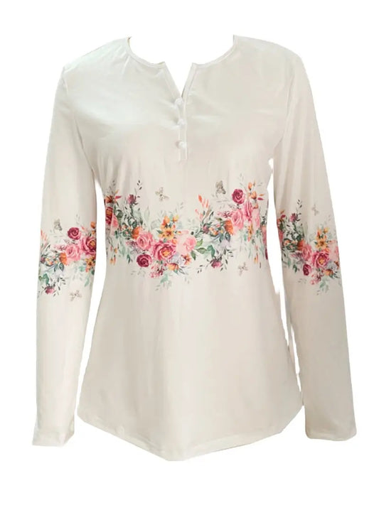 White Buttoned Rose Print Top