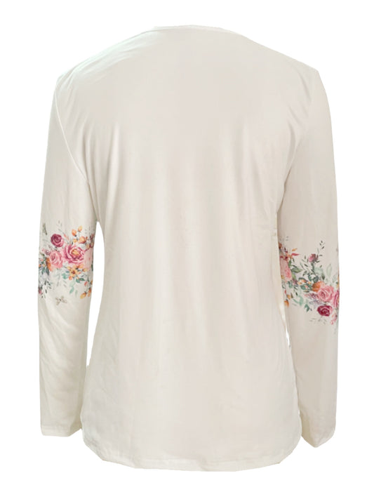 White Buttoned Rose Print Top