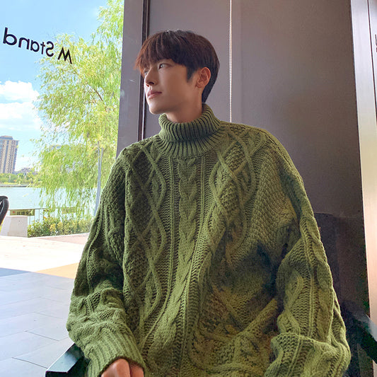 Retro Green Jacquard Turtleneck Sweater