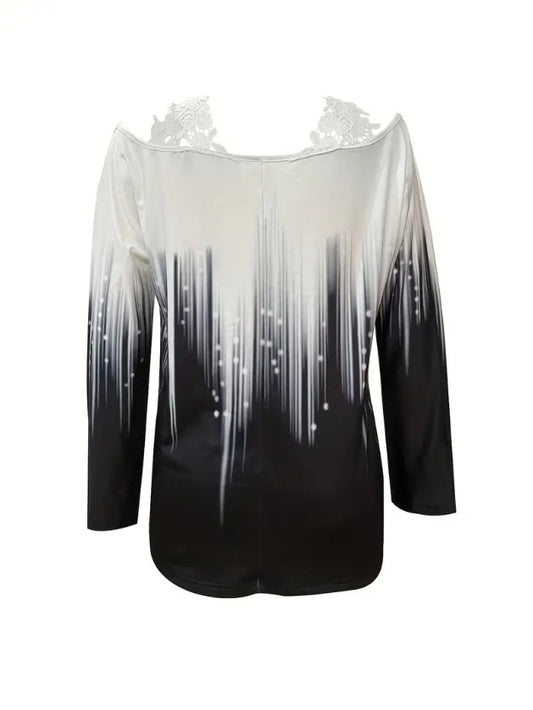 Gradient Color Printed Lace Edge Off-shoulder Top
