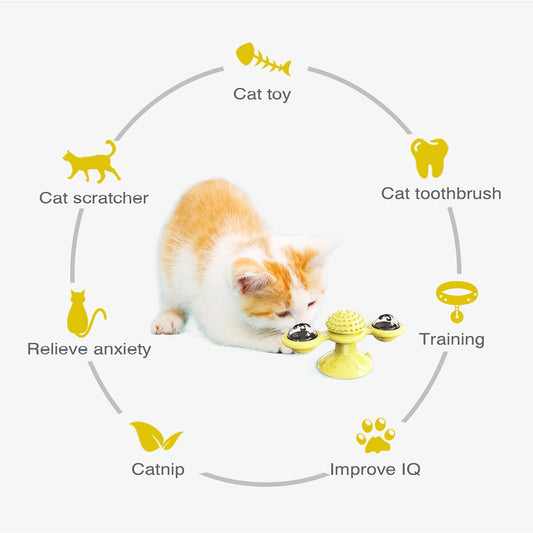 Cat Rotating Windmill Toy with Suction Base – Interactive Catnip Scratcher, Teeth Cleaning & IQ Training Toy