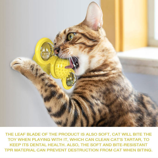 Cat Rotating Windmill Toy with Suction Base – Interactive Catnip Scratcher, Teeth Cleaning & IQ Training Toy