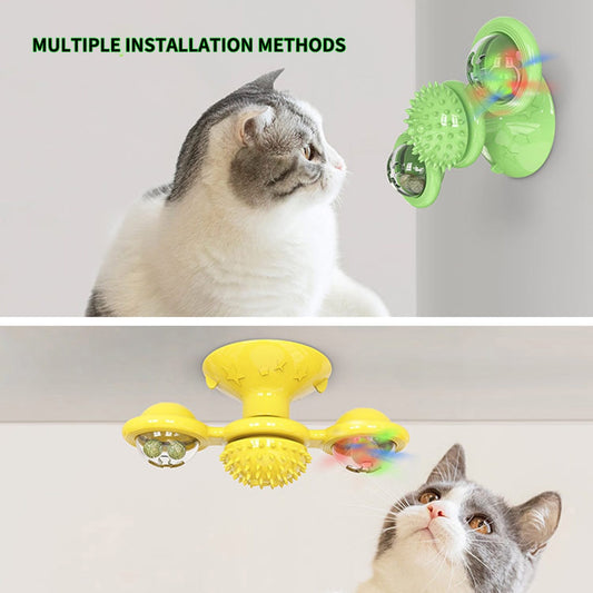 Cat Rotating Windmill Toy with Suction Base – Interactive Catnip Scratcher, Teeth Cleaning & IQ Training Toy
