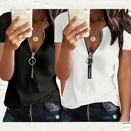 Women's Zipper V Neck Tops x2 Pieces