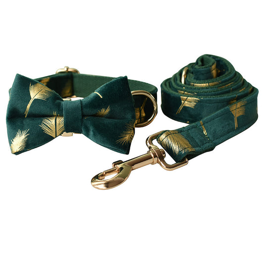 Emerald Feather Pattern Collar Bow Leash Set
