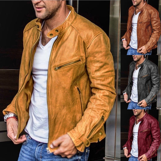 Men PU Leather Stand Collar Punk