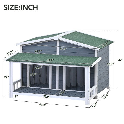 GO 47.2 Large Wooden Dog House Outdoor With Porch, 2 Doors, Gray And Green