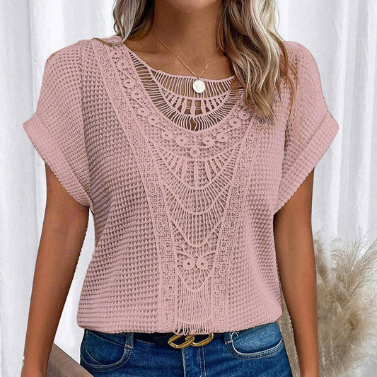 Women's Lace Splicing Crew Neck Top