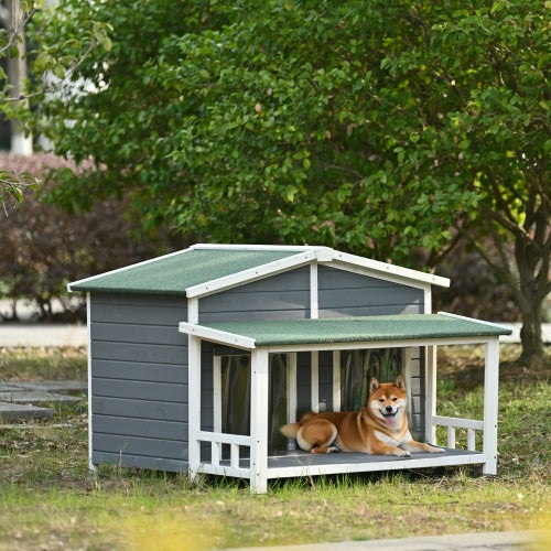 GO 47.2 Large Wooden Dog House Outdoor With Porch, 2 Doors, Gray And Green