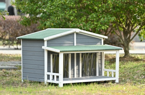 GO 47.2 Large Wooden Dog House Outdoor With Porch, 2 Doors, Gray And Green