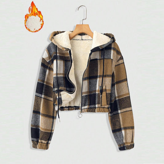 Women's Elegant Plaid Hooded Jacket