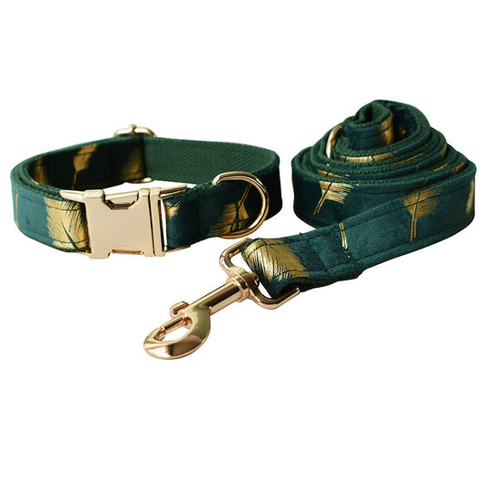 Emerald Feather Pattern Collar Bow Leash Set