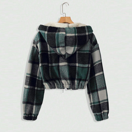 Women's Elegant Plaid Hooded Jacket