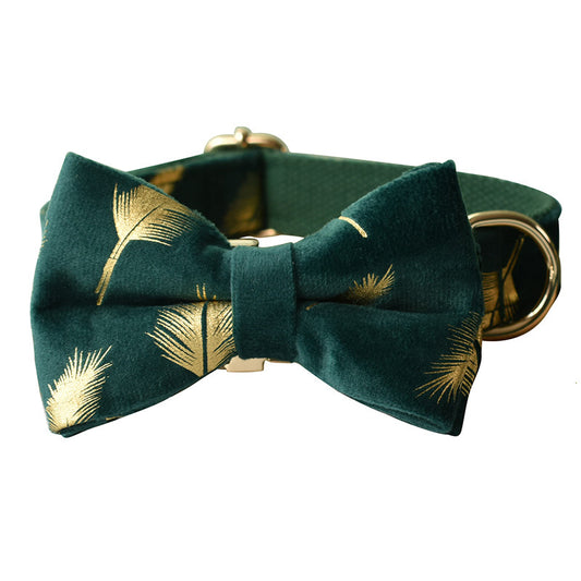 Emerald Feather Pattern Collar Bow Leash Set