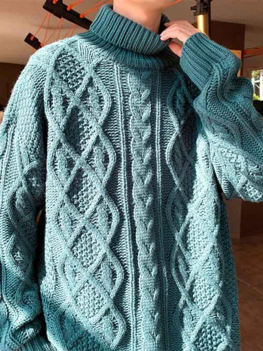 Retro Green Jacquard Turtleneck Sweater